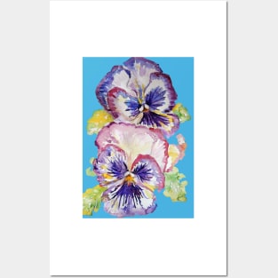 Pansy Watercolor Purple Flower Pattern on Light Blue Posters and Art